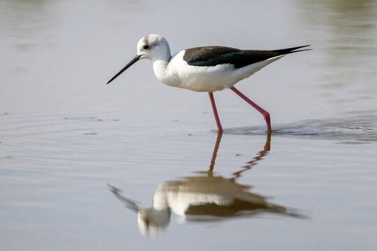 Black winged stilt wading bird walks in shallow water. White, black plumage reflected in calm lake surface. Long pink legs, thin beak help bird find food in wetland habitat. Nature wildlife