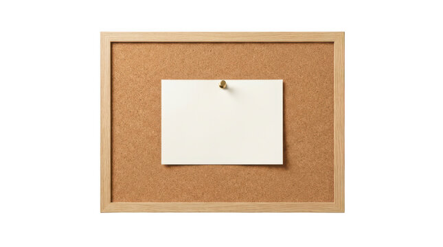 Blank white paper note pinned to a wooden framed cork board isolated on transparent background