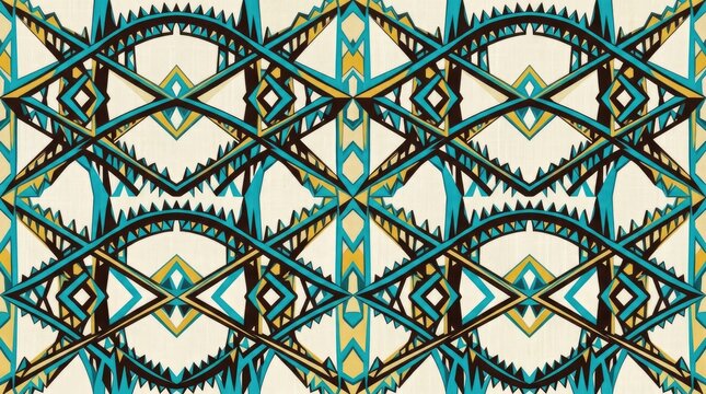 Abstract geometric tribal pattern with teal and gold elements