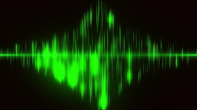 An animated green sound wave is formed by a multitude of vertical light lines against a black background. A neon glow and varying pulsation intensity create a visualization of an audio signal, frequen