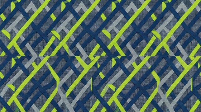 Abstract geometric woven fabric pattern with neon green and blue lines