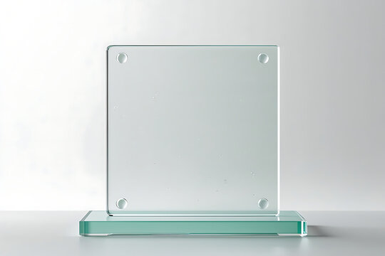 A clear square glass plaque mounted on a thick glass base, standing upright on a white surface, reflecting light with soft shadows and transparency
