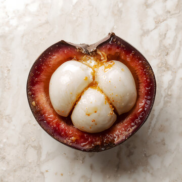 A close-up view of a halved purple mangosteen fruit showing the white fleshy segments and dark rind on a textured light marble background surface
