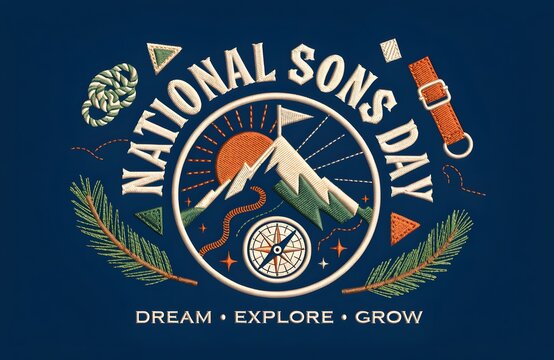 National sons day typography emblem design with mountain landscape and compass graphic