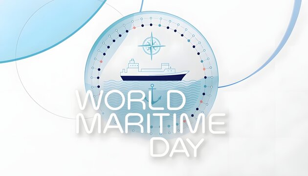 World maritime day minimal badge featuring cruise ship and nautical navigation compass