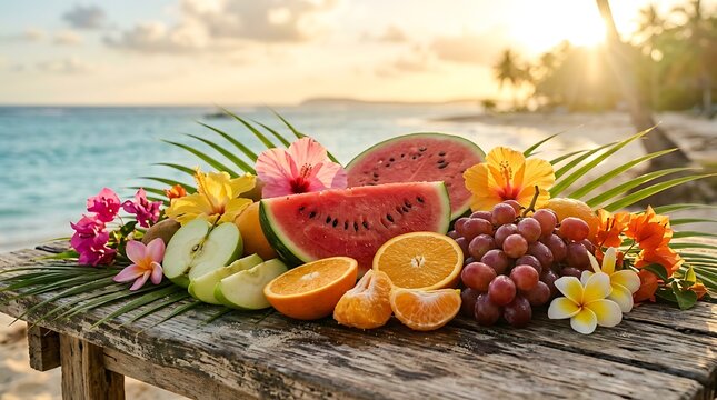 Fresh tropical fruit arrangement with watermelon slices and exotic flowers on a rustic wooden table by the ocean at sunset