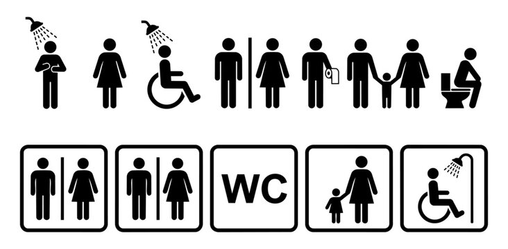Set of various restroom and shower facility icons for public signage isolated on white background