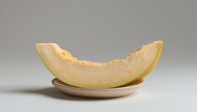 A single slice of ripe yellow honeydew melon placed on a small ceramic plate, captured against a neutral light gray background, with soft shadows