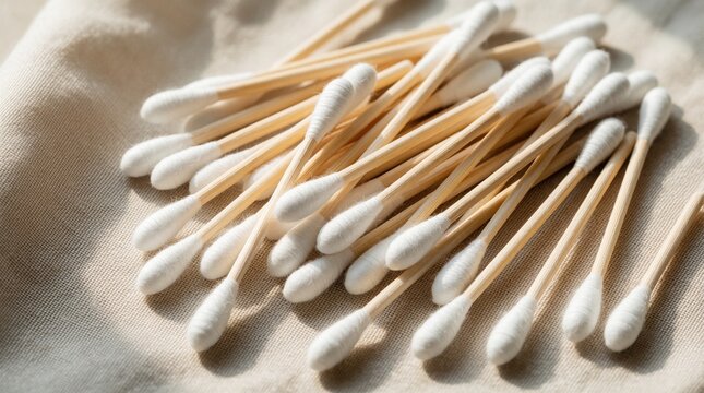 Eco friendly wooden cotton swabs pile on natural beige linen fabric. Sustainable personal hygiene products for daily body care, skin cleansing. Biodegradable ear buds on organic textile background.