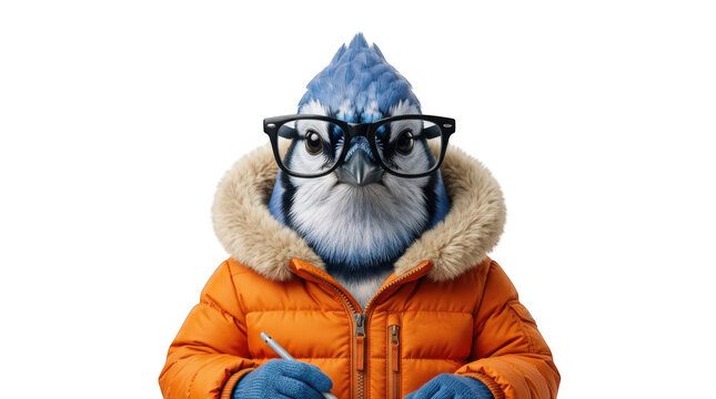 Anthropomorphic blue jay bird wearing glasses and an orange winter jacket isolated on transparent background