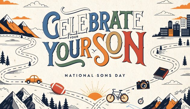 National sons day greeting card illustration with mountain road journey and city skyline