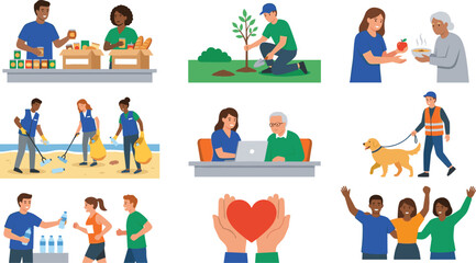 Fototapeta premium Community service and volunteering illustration set with charity, teamwork, and social responsibility themes