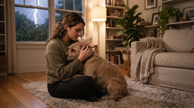Woman comforting dog indoors during thunderstorm with lightning