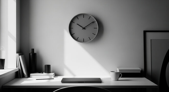 Minimalist Desk Setup With Clock And Laptop In Natural Light
