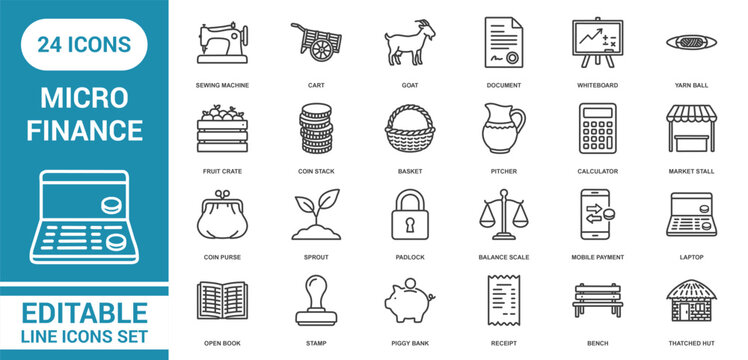 Collection of 24 micro finance and rural economy line icons featuring a sewing machine, goat, coin stack, and calculator on a white background, for business