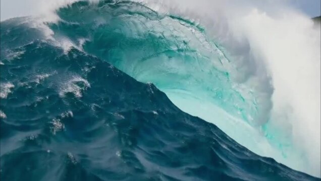 A massive powerful ocean wave crashing in the deep blue sea.