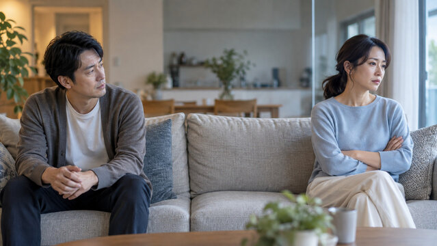 Unhappy Asian Couple Sitting Apart After a Relationship Conflict