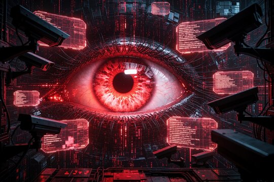Giant red eye stares from digital grid, surrounded by security cameras and data screens. Constant surveillance and data monitoring create unease and concern for privacy.