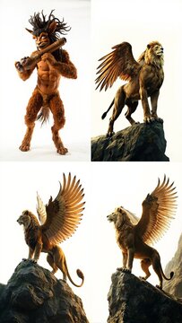 Four images of a lion and with wings background frame colorful motion illustration creative gesture composition figure emotion design movement depth backgrounds cartoonish layers expression