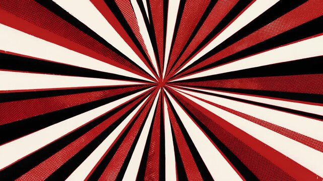 Spinning sunburst rays in red and bone white screenprint on black, seamless loop