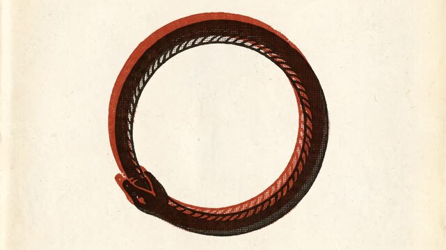 Ouroboros snake circling and eating its tail, two-colour halftone print on newsprint, seamless loop