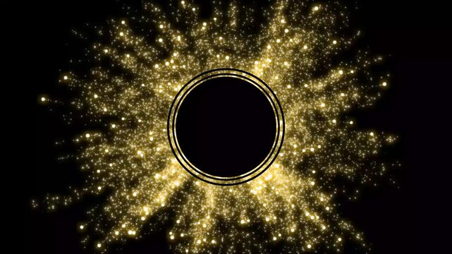 Golden glowing circular ring with sparkling particles and radiant light dots, elegant luxury energy frame animation with bright highlights and decorative motion graphics for black screen. 4k video