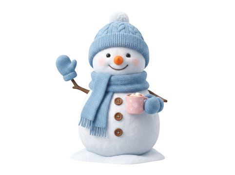 Cute snowman wearing a blue knit hat and scarf, waving and holding a mug, isolated on transparent background