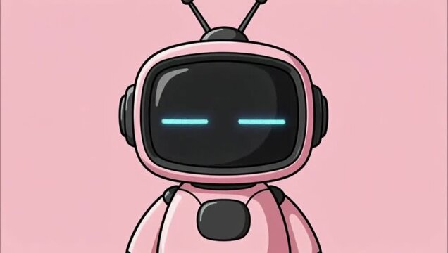 A cute pink cartoon robot with a television screen head and glowing blue eyes.