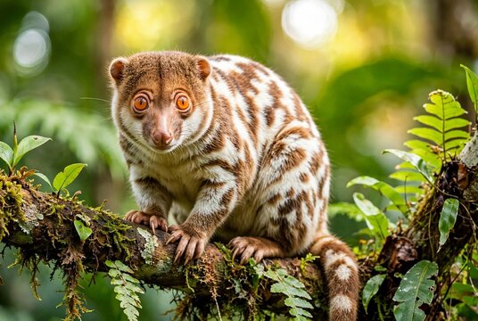 Spotted cuscus marsupial with brown white spots perched on mossy branch in tropical forest Indonesia