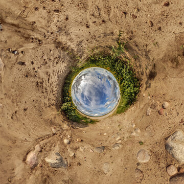 creative tiny planet photo of a rural landscape with dirt road, green fields, and cloudy sky forming a circular world.