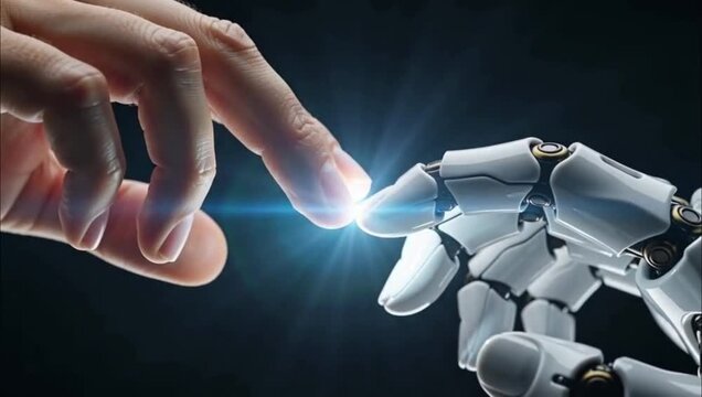 Human finger touching a robotic hand representing the connection between humanity and artificial intelligence.