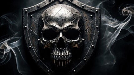 Obraz premium Cracked metal shield displays a skull emblem with smoky wisps swirling around. Symbolizes war death danger and dark fantasy themes for games or movies.