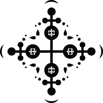 Decorative ornamental cross symbol with tribal and gothic style elements. Black symmetrical plus sign logo with floral ornaments, dots and brackets isolated on white background. Vintage luxury emblem 