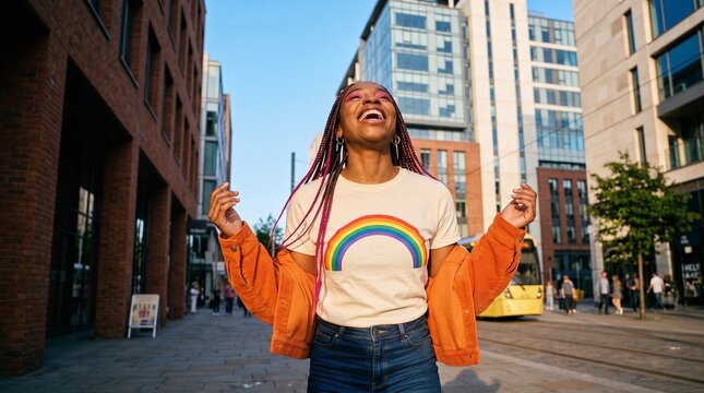 Portrait of young non-conforming with braids smiling in the city