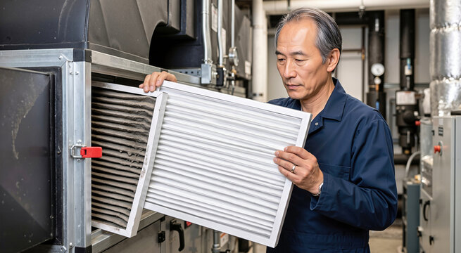 East Asian male maintenance technician replacing a dusty pleated air filter in a mechanical room for educational infrastructure. HVAC service worker checking ventilation equipment