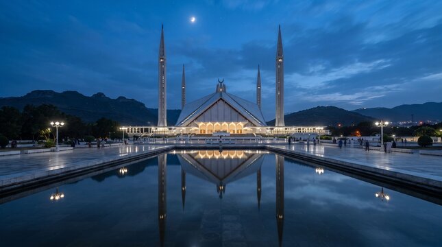 Faisal Mosque Islamabad Pakistan illuminated at dusk with water pool reflection, crescent moon, and Margalla Hills background.   