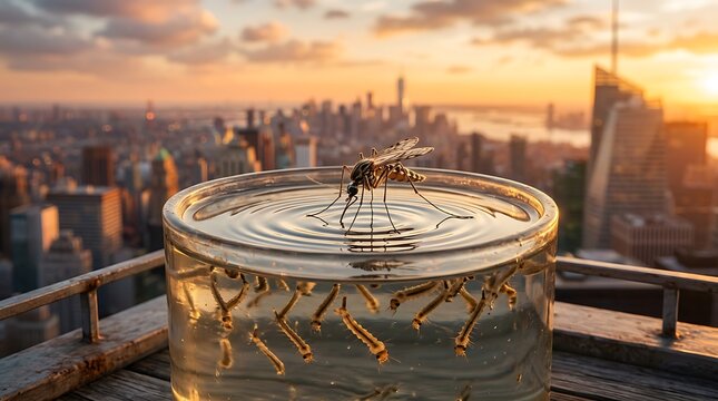 Mosquito landing on water surface with larvae in a glass container at sunset