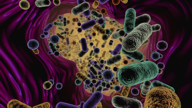 4k 3d video inside human intestine tunnel with microscopic gut microbiome bacteria and rod bacilli. Realistic medical visualization of healthy digestive tract microflora, flora, and probiotic biology