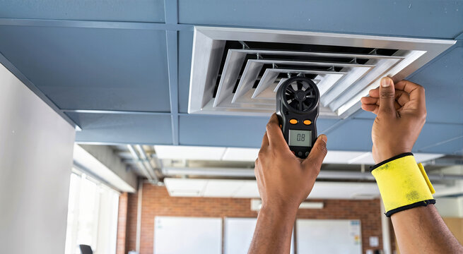 Technician hands testing airflow with anemometer on aluminum ceiling air diffuser in modern educational infrastructure facility. Ventilation system inspection and indoor air quality monitoring