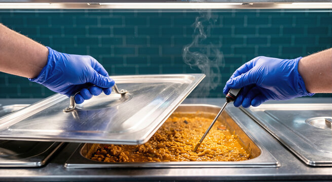 Blue gloved hands inserting digital probe thermometer into steaming food pan on cafeteria service line in educational infrastructure facility. Food safety, hygiene and temperature control