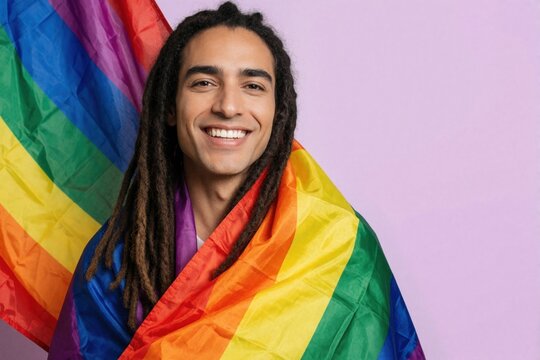 Young Hispanic man smiles holding rainbow flag. He has dreadlocks and makeup, representing LGBTQ pride and equality. Confident person shows happiness and acceptance.
