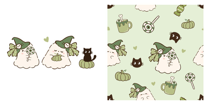 Seamless Halloween pattern featuring adorable white sheet ghosts wearing green witch hats with polka dot bows, black cats, pumpkins, eyeball lollipops and spooky drinks on a pastel green background.