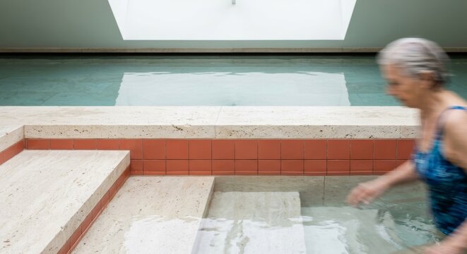 Blurred swimmer entering an accessible therapy pool with travertine steps and terracotta tile trim. Motion capturing senior wellness and hydrotherapy movement.