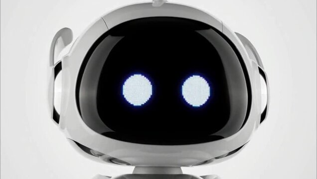 Close up portrait of a cute white robotic assistant with glowing blue eyes.