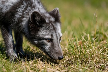 Fototapeta premium Arctic fox in summer grassy terrain, shedding winter coat. Small mammal hunts or sniffs ground, curious wild animal with dark fur markings. Norway fauna in natural habitat.