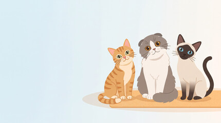 Fototapeta premium Three cute cats sitting together on a textured surface, playful and adorable