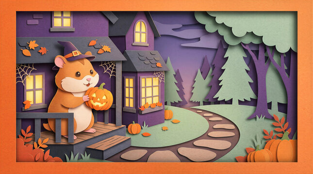 Layered paper cut art of cute hamster witch holding jack-o-lantern pumpkin on house porch. Spooky halloween forest scene illustration with autumn trees, stone path and purple house in frame