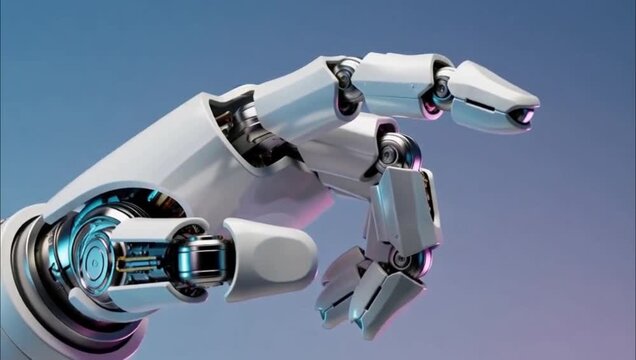 A detailed close up of a white robotic hand reaching out against a soft gradient background.