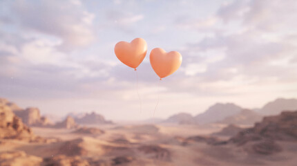 Fototapeta premium Two heart shaped balloons floating over desert landscape at sunset