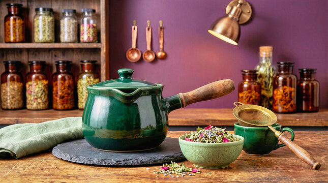 Green ceramic teapot with wooden handle and bowl of dried herbal tea blend on rustic wooden table. Apothecary workshop setup with brass strainer, herbal jars and apothecary kitchen background